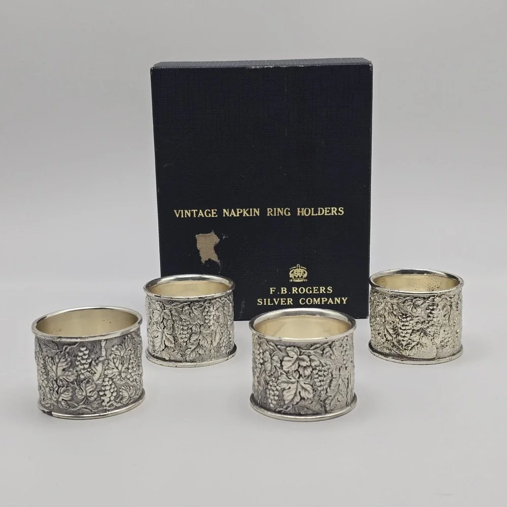 Vintage‎ F.B. Rogers Silver Co. Grape Vine Napkin Rings Set of 4 F-996 Japan